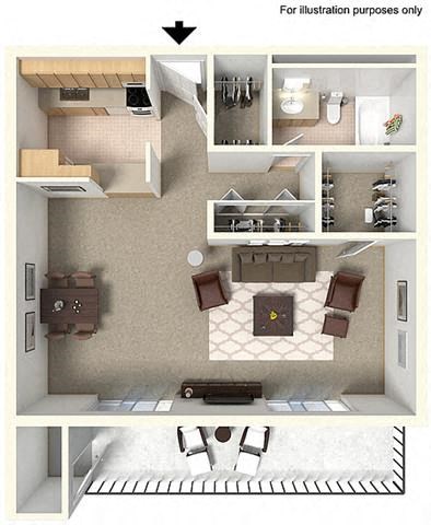 Floor plan for studio, 1 bath, 586 sqft