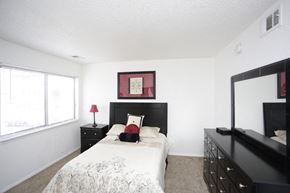 Shawnee apartment for rent - a bedroom with a bed and a dresser and a window