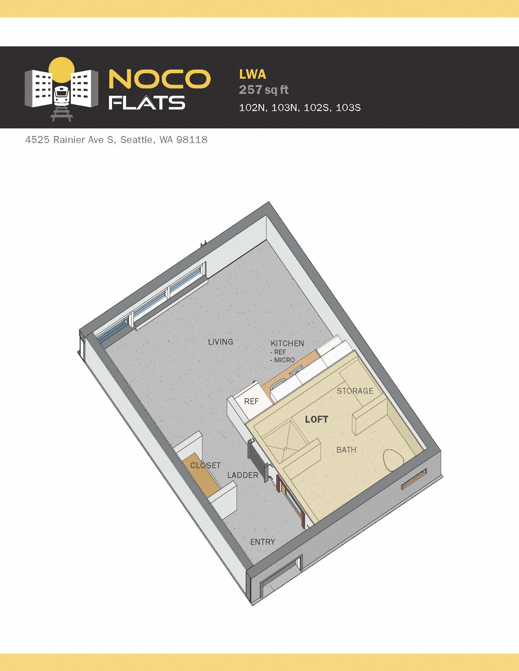 Floor plan for studio, 1 bath, 257 sqft