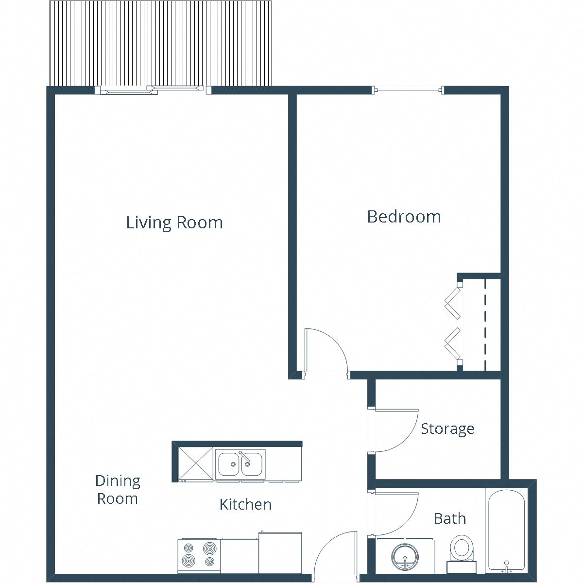 Floor plan for 1 bed, 1 bath, 675 sqft