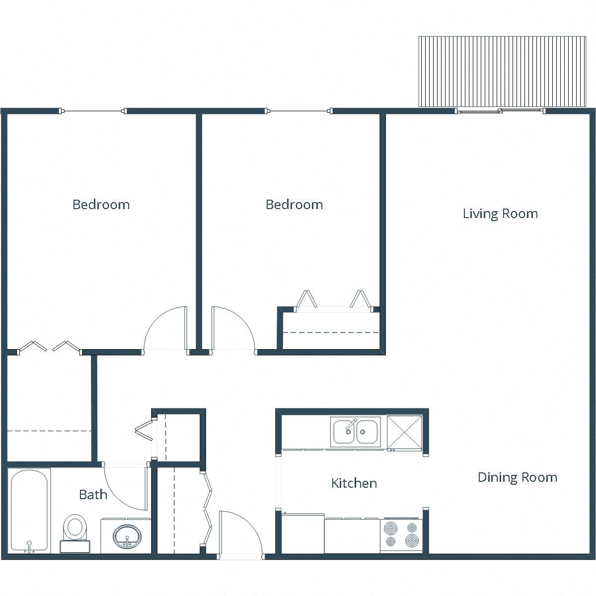 Floor plan for 2 beds, 1 bath, 850 sqft