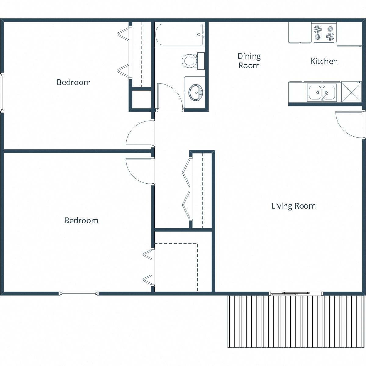 Floor plan for 2 beds, 1 bath, 850 sqft