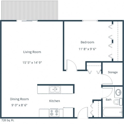 Floor plan for 1 bed, 1 bath, 720 sqft
