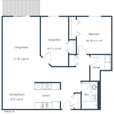 Floor plan for 1 bed, 1 bath, 1095 sqft