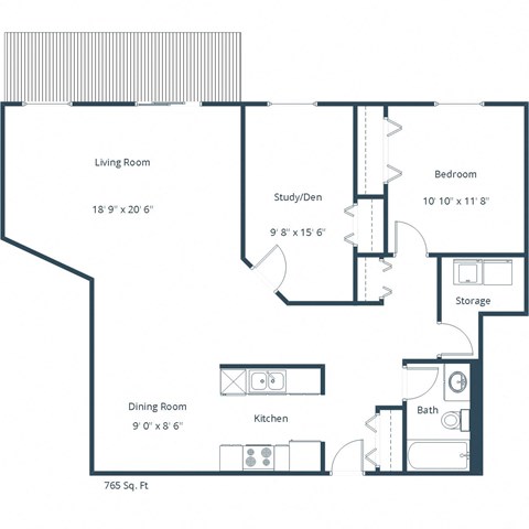 Floor plan for 1 bed, 1 bath, 965 sqft