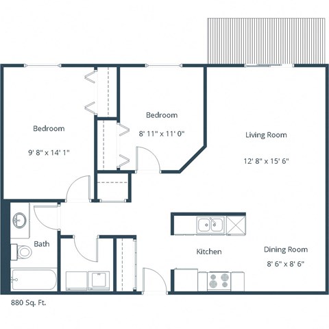 Floor plan for 2 beds, 1 bath, 840 sqft