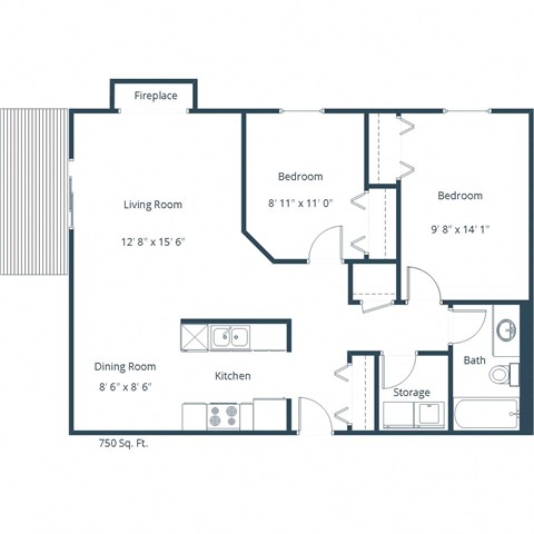 Floor plan for 2 beds, 1 bath, 845 sqft