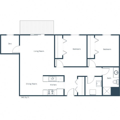 Floor plan for 2 beds, 1 bath, 945 sqft