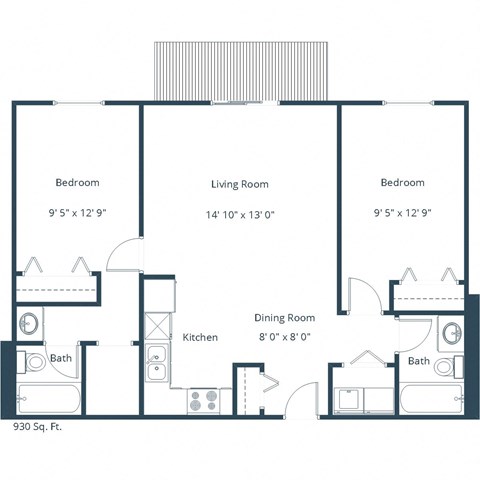 Floor plan for 2 beds, 2 baths, 940 sqft