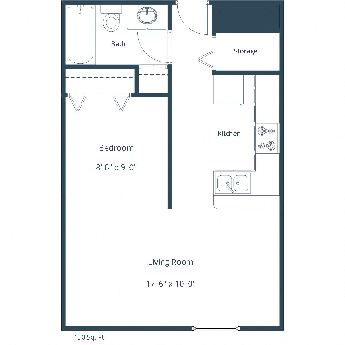 Floor plan for studio, 1 bath, 550 sqft