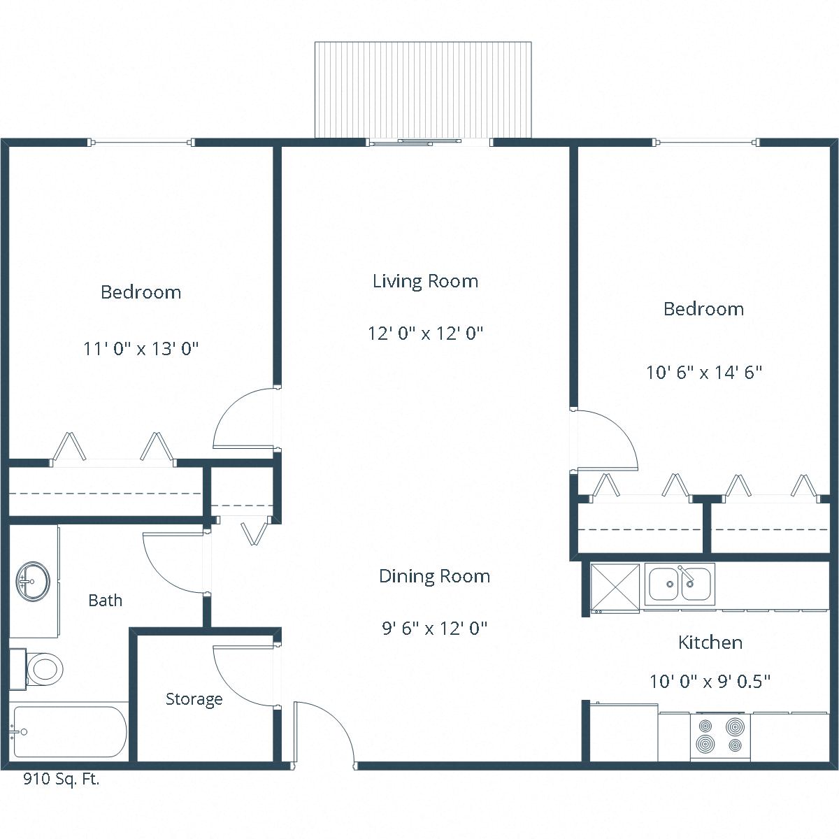 Floor plan for 2 beds, 1 bath, 985 sqft