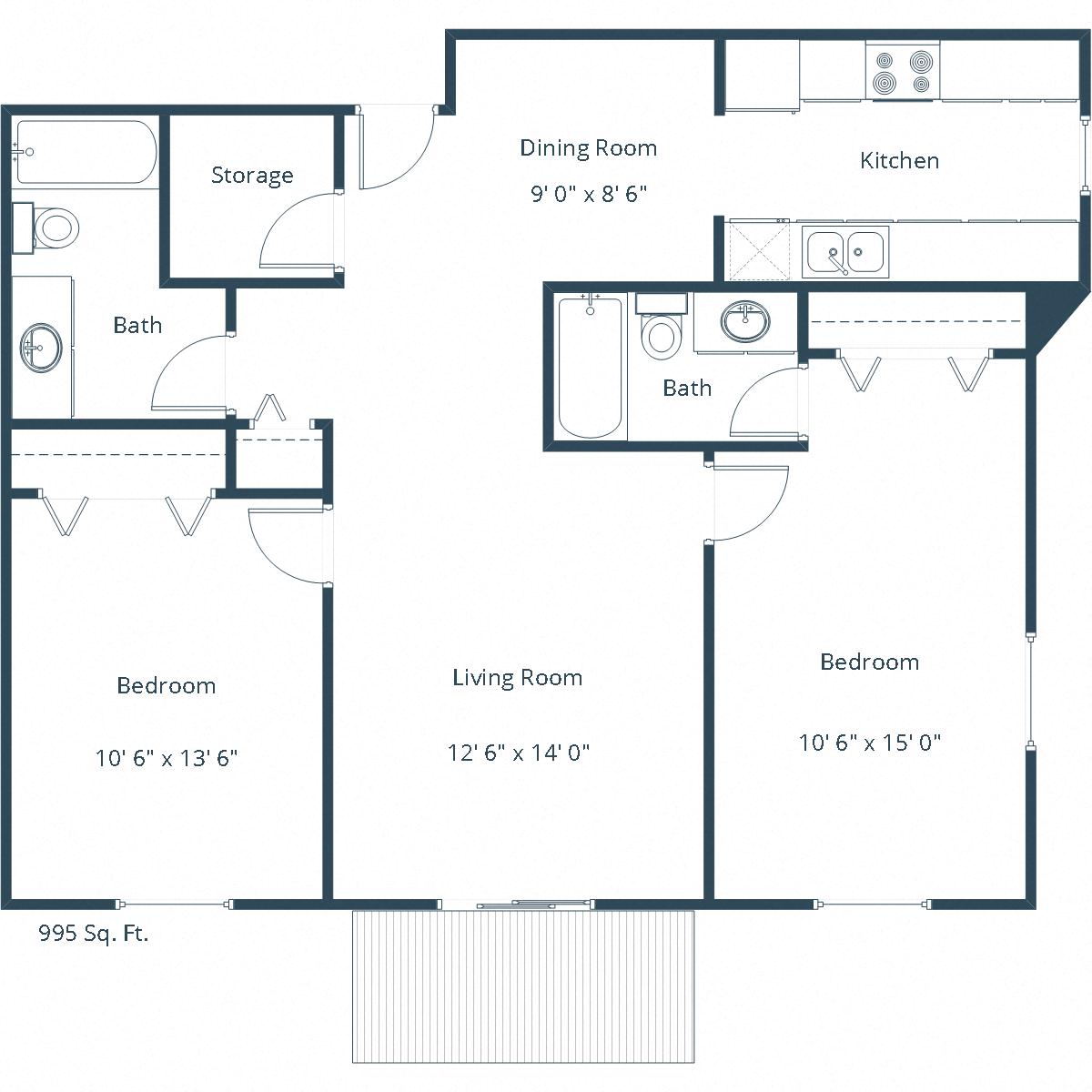 Floor plan for 2 beds, 2 baths, 1060 sqft