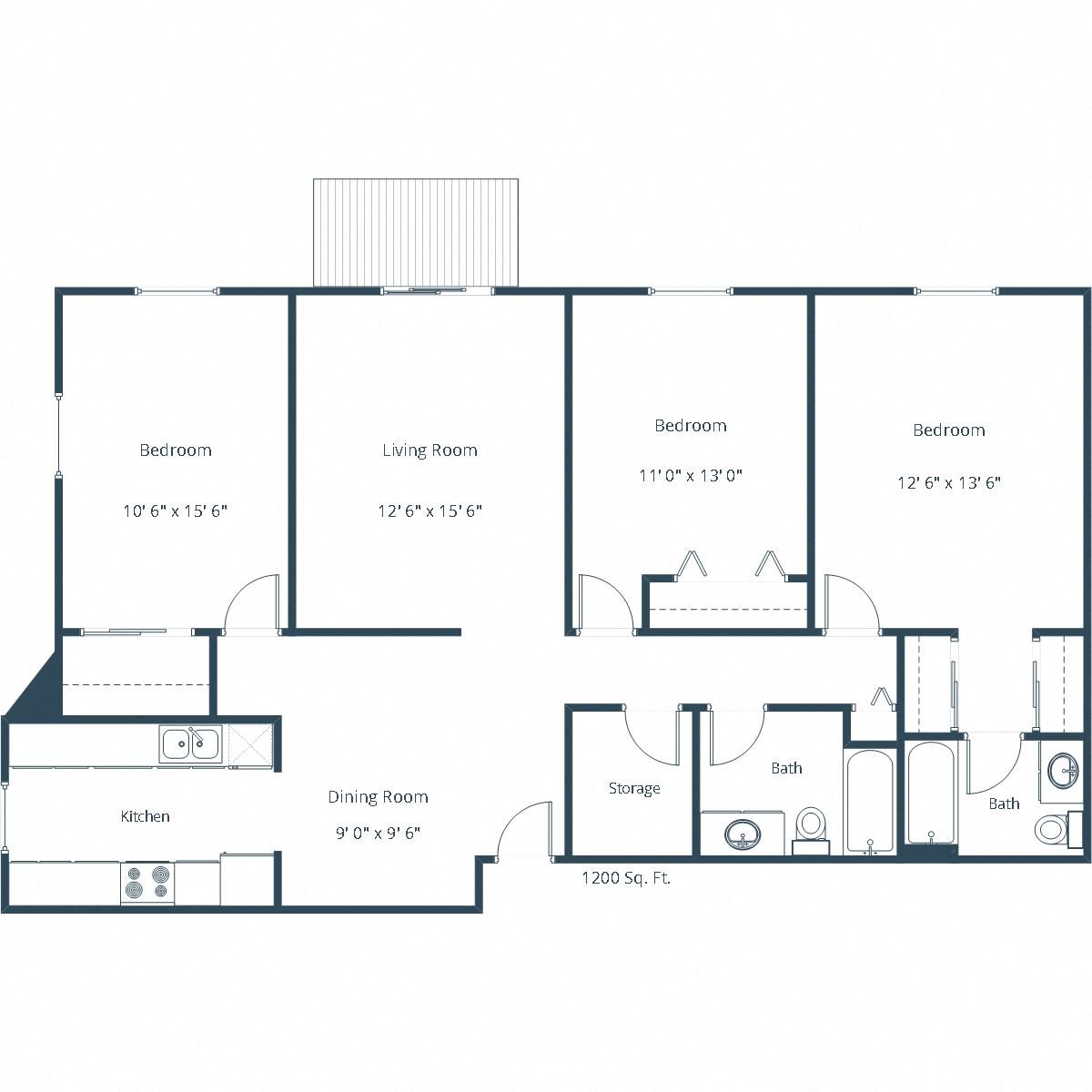 Floor plan for 3 beds, 2 baths, 1200 sqft