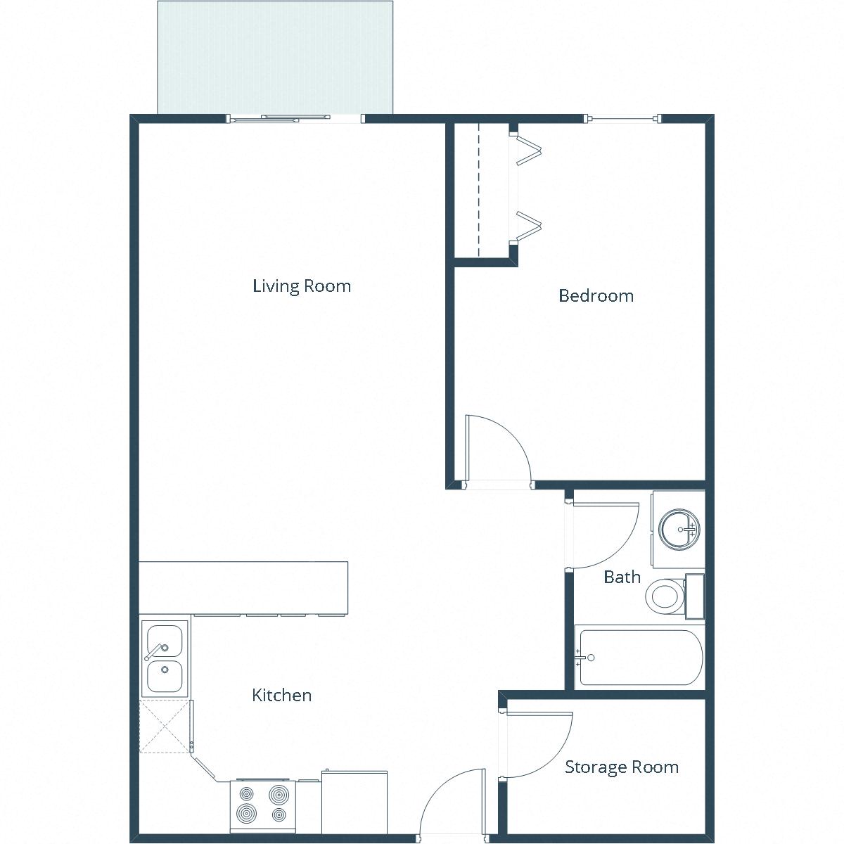 Floor plan for 1 bed, 1 bath, 756 sqft