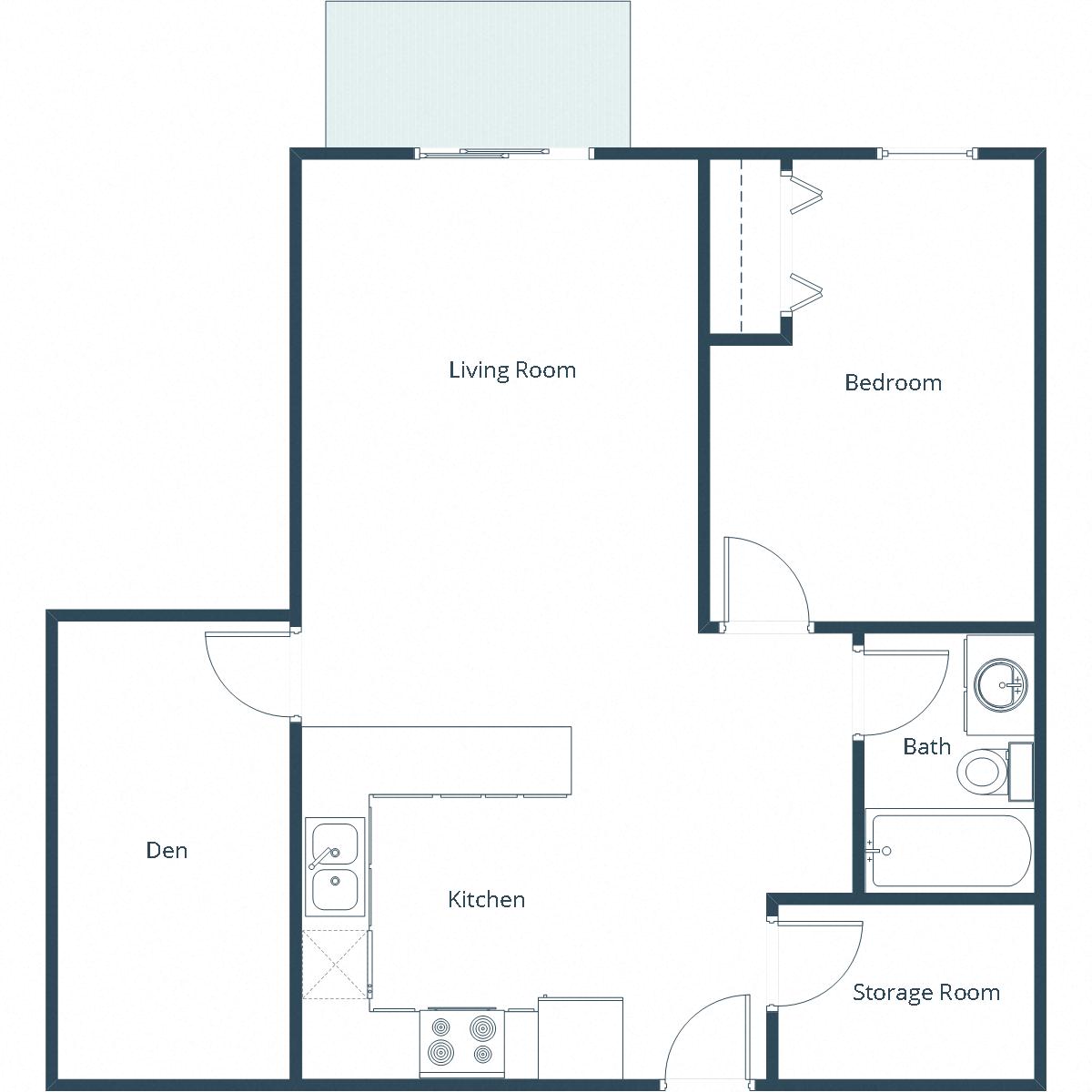Floor plan for 1 bed, 1 bath, 774 sqft