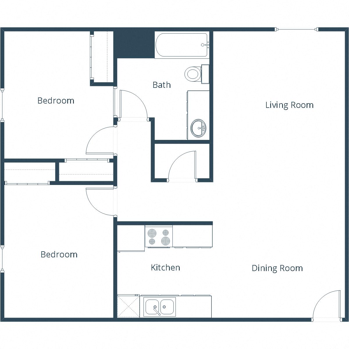 Floor plan for 2 beds, 1 bath, 888 sqft