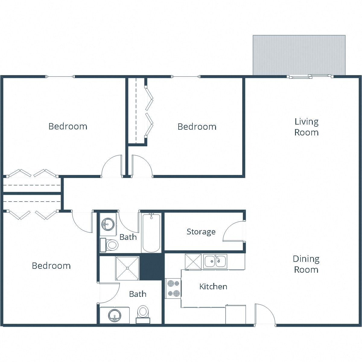 Floor plan for 3 beds, 1.8 baths, 1242 sqft