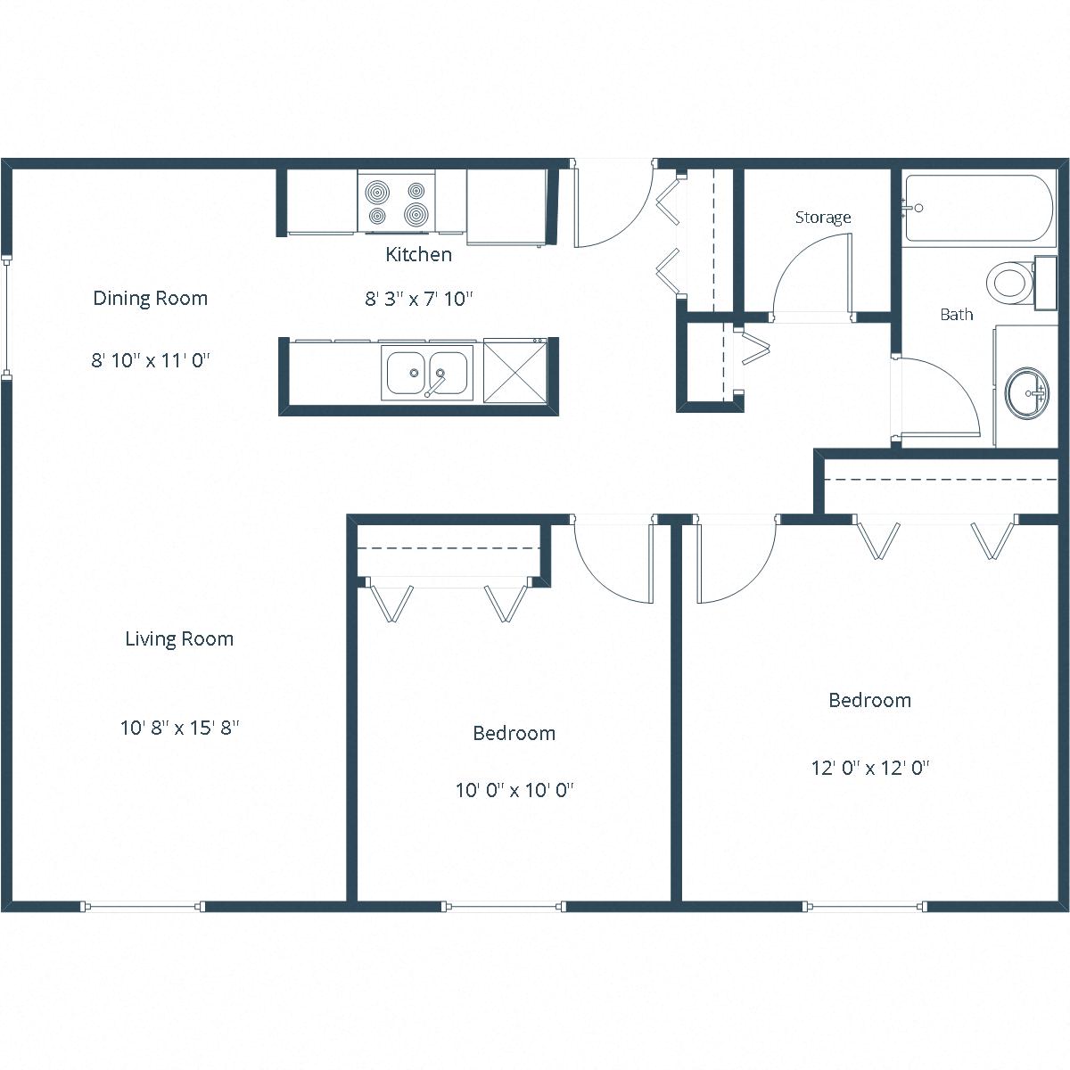 Floor plan for 2 beds, 1 bath, 900 sqft