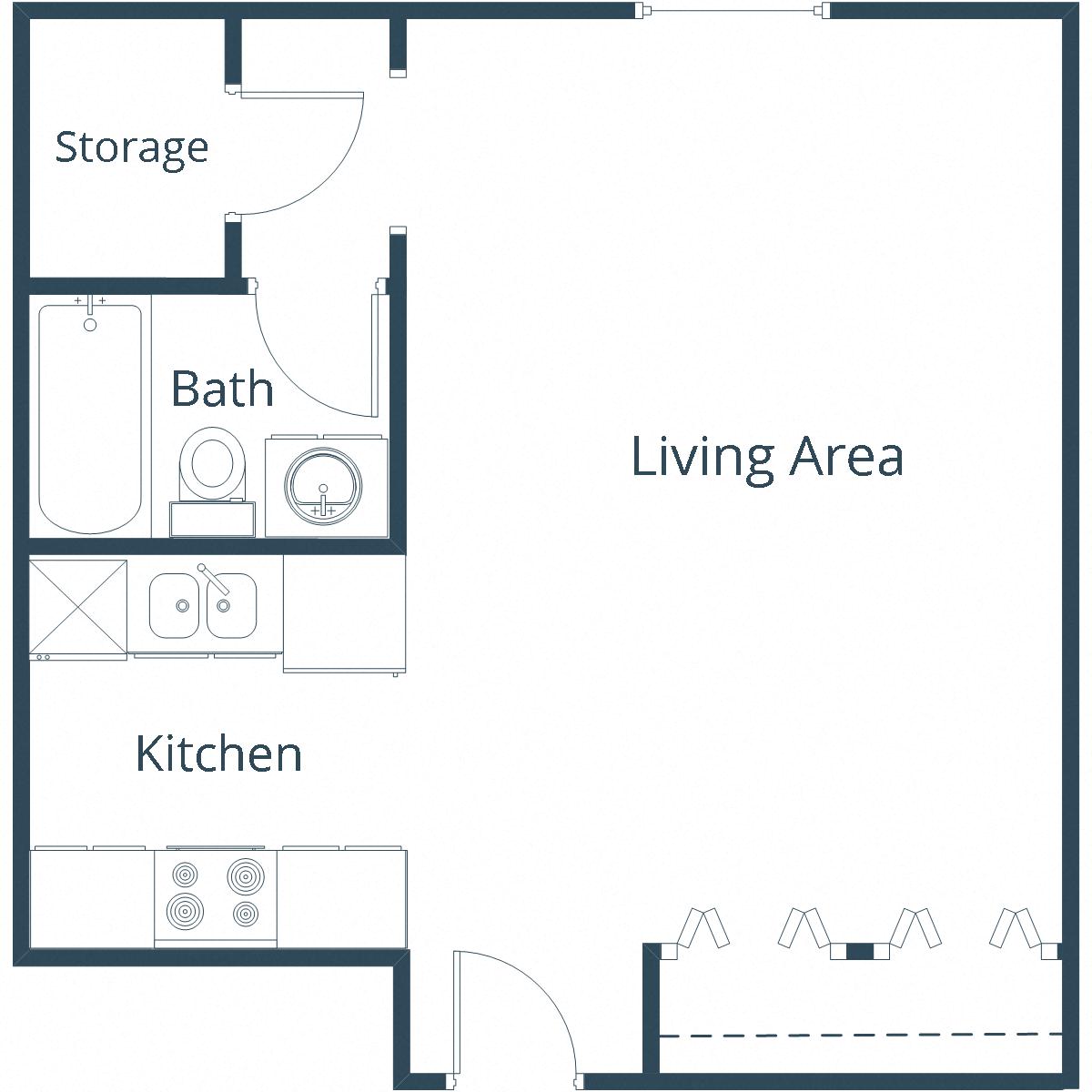 Floor plan for studio, 1 bath, 412 sqft
