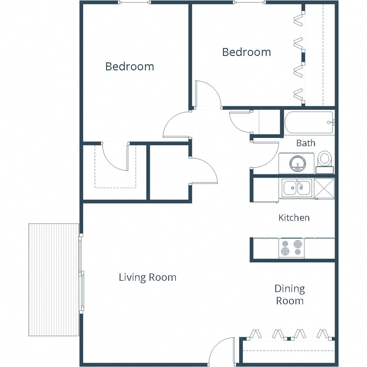 Floor plan for 2 beds, 1 bath, 880 sqft