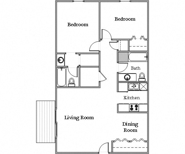 Floor plan for 2 beds, 2 baths, 880 sqft