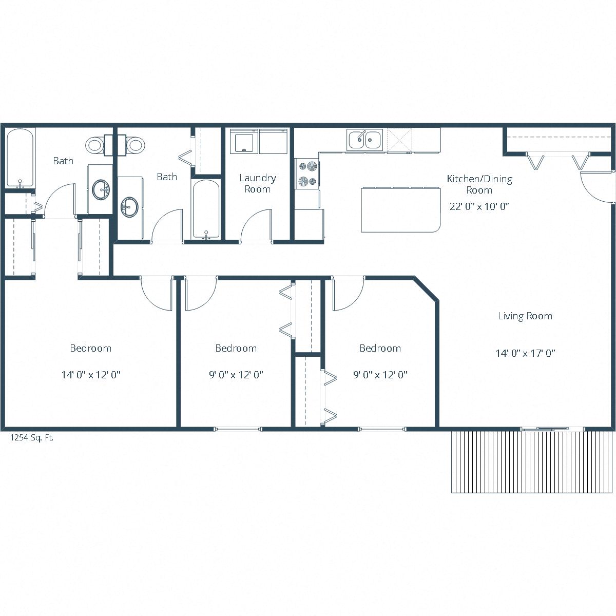Floor plan for 3 beds, 2 baths, 1254 sqft