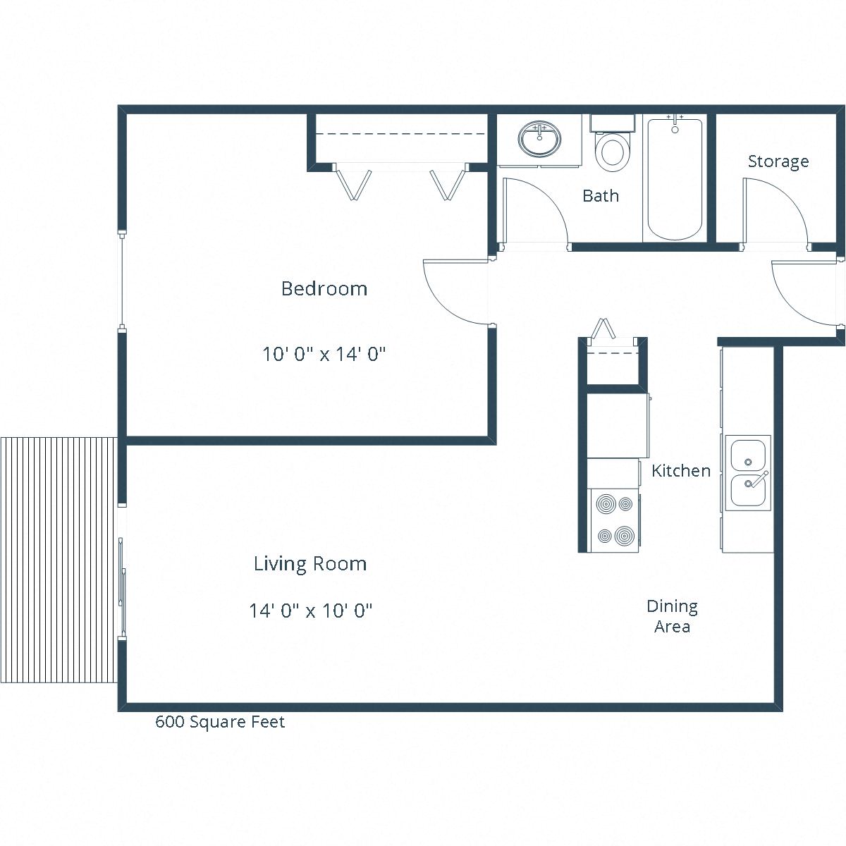 Floor plan for 1 bed, 1 bath, 600 sqft
