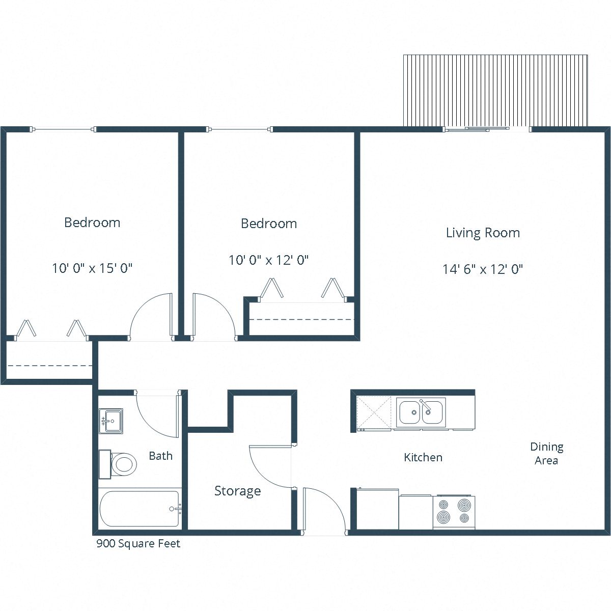 Floor plan for 2 beds, 1 bath, 900 sqft