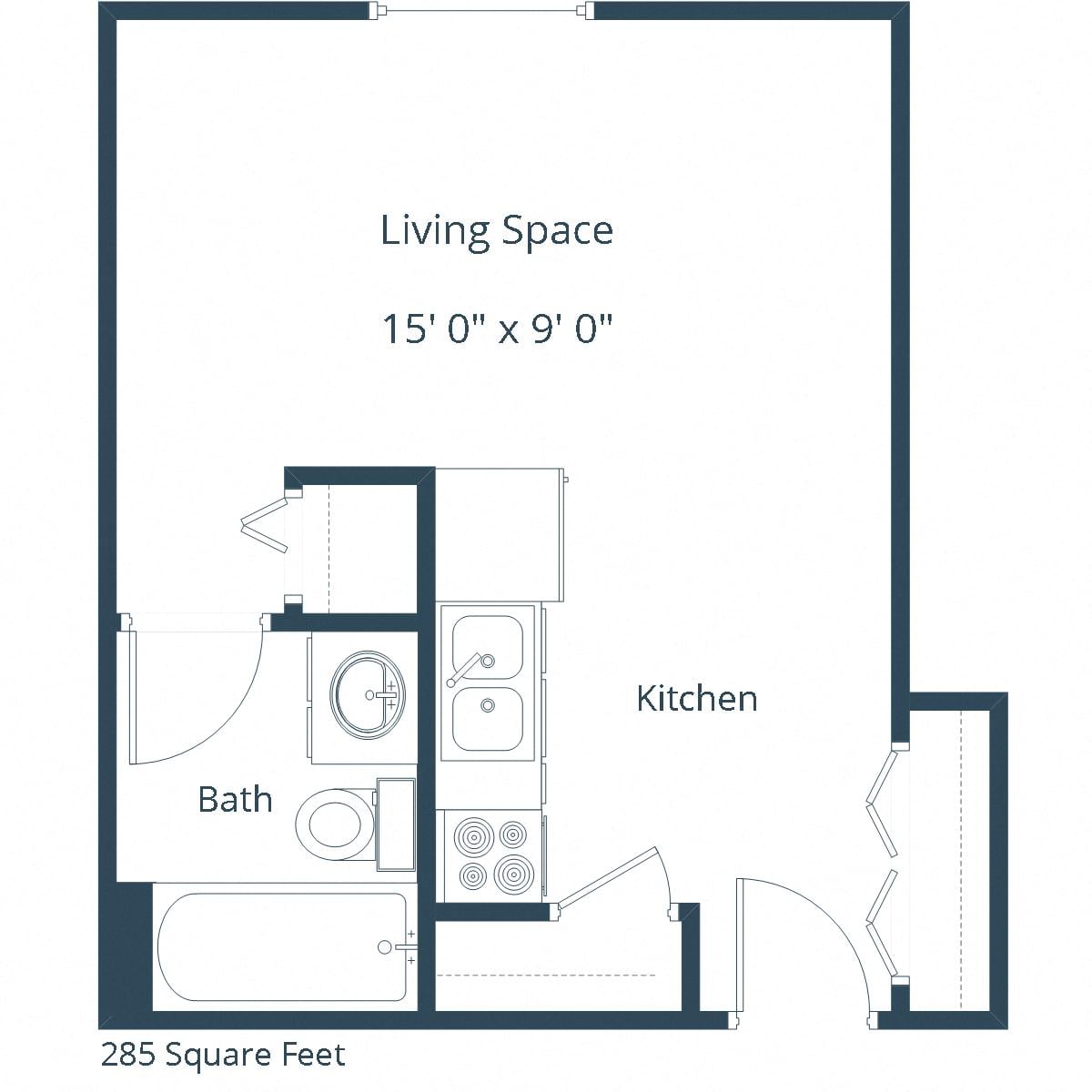 Floor plan for studio, 1 bath