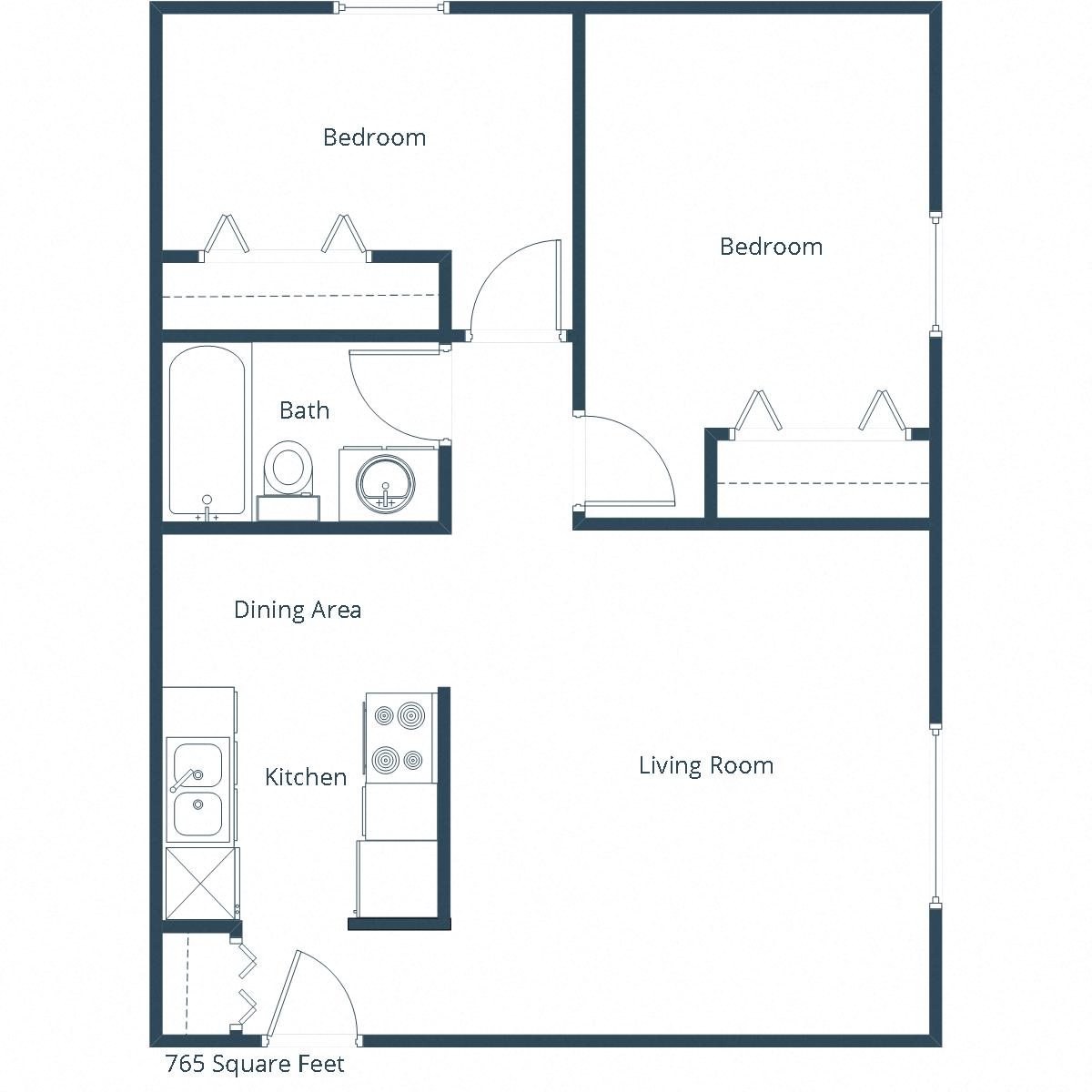 Floor plan for 2 beds, 1 bath, 850 sqft