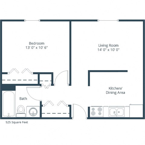 Floor plan for 1 bed, 1 bath, 500 sqft