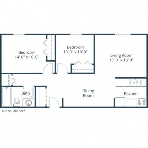 Floor plan for 2 beds, 1 bath, 750 sqft