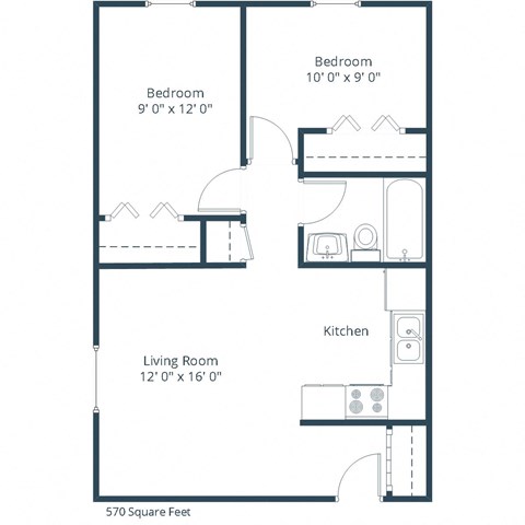 Floor plan for 2 beds, 1 bath, 750 sqft