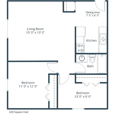 Floor plan for 2 beds, 1 bath, 750 sqft