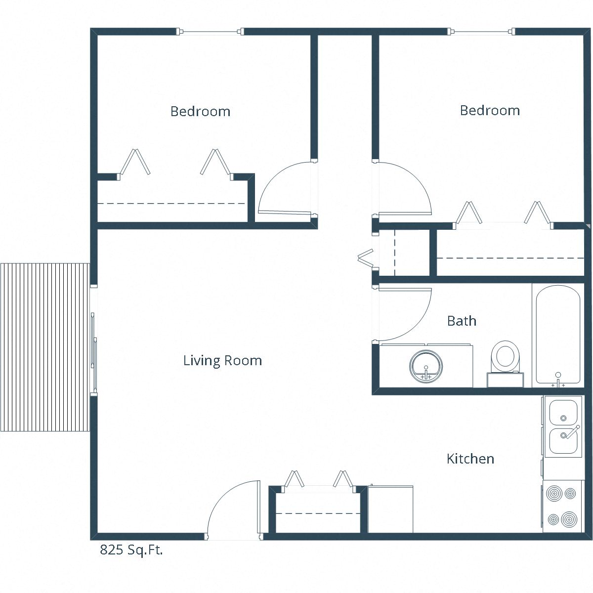 Floor plan for 2 beds, 1 bath, 825 sqft