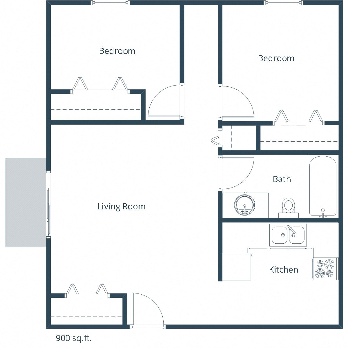 Floor plan for 2 beds, 1 bath, 900 sqft