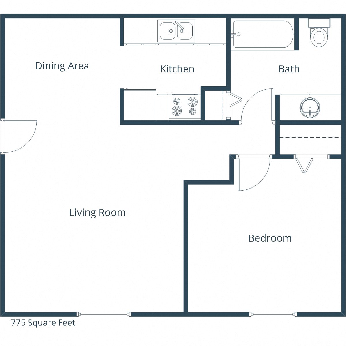 Floor plan for 1 bed, 1 bath, 775 sqft