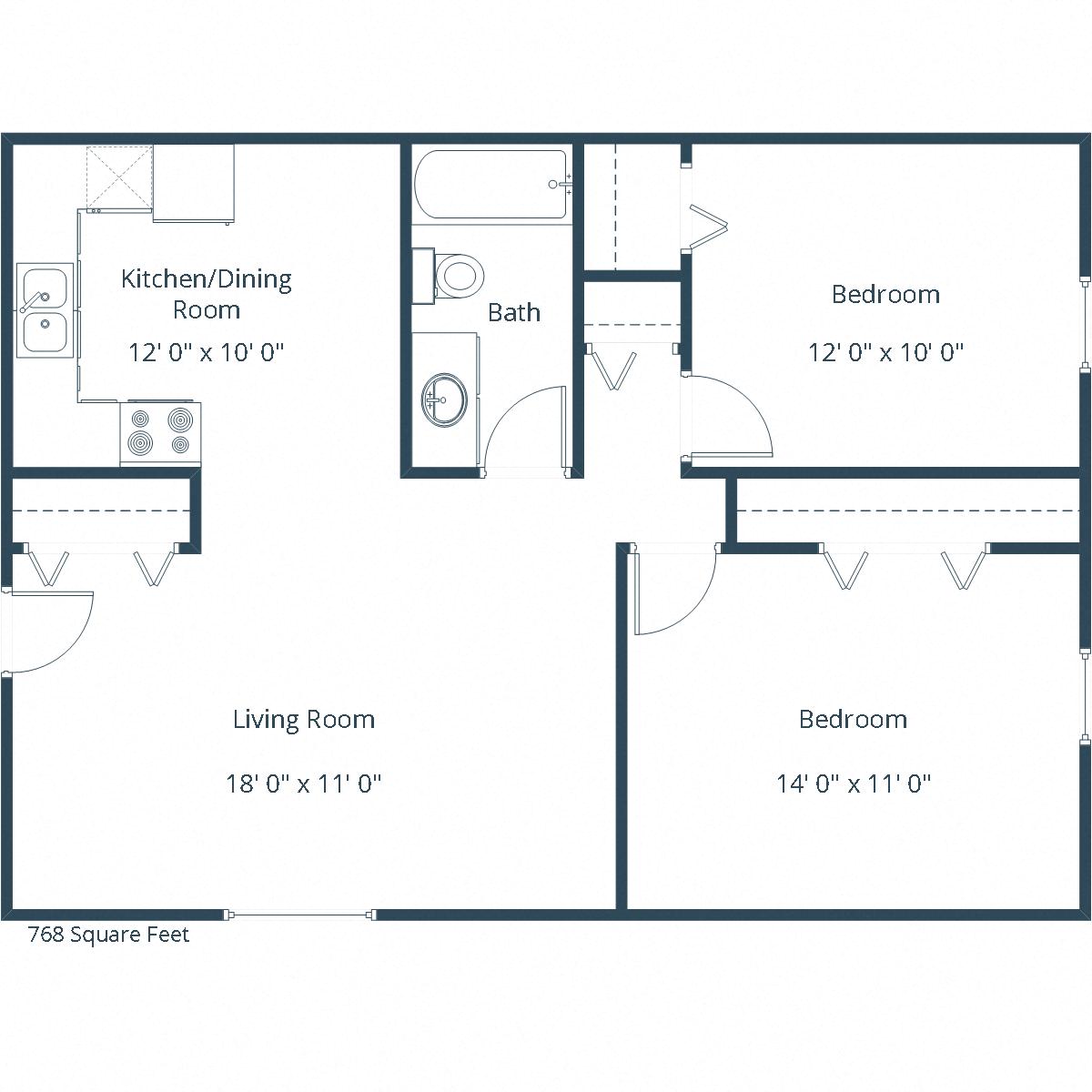 Floor plan for 2 beds, 1 bath, 768 sqft