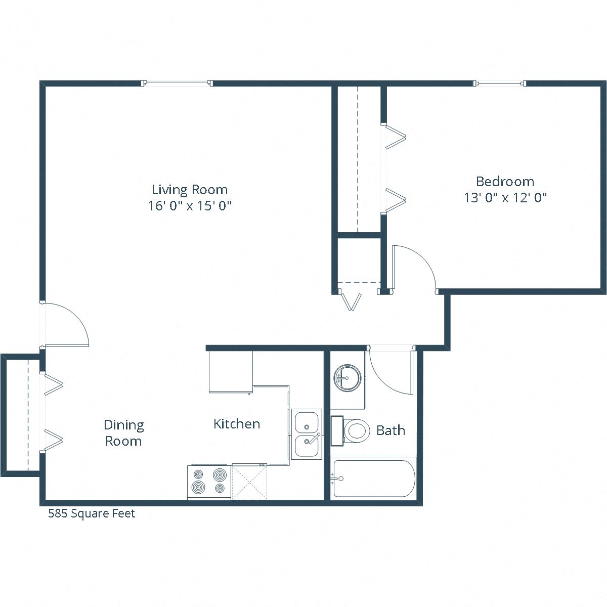 Floor plan for 1 bed, 1 bath, 650 sqft