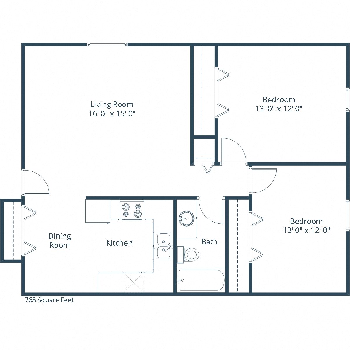 Floor plan for 2 beds, 1 bath, 775 sqft