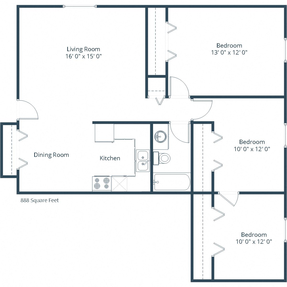 Floor plan for 3 beds, 1 bath, 900 sqft
