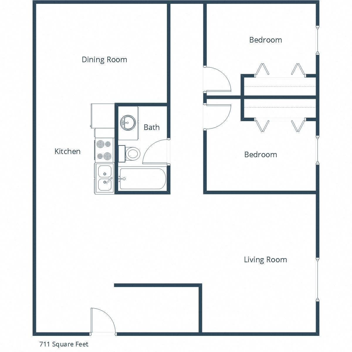 Floor plan for 2 beds, 1 bath, 711 sqft