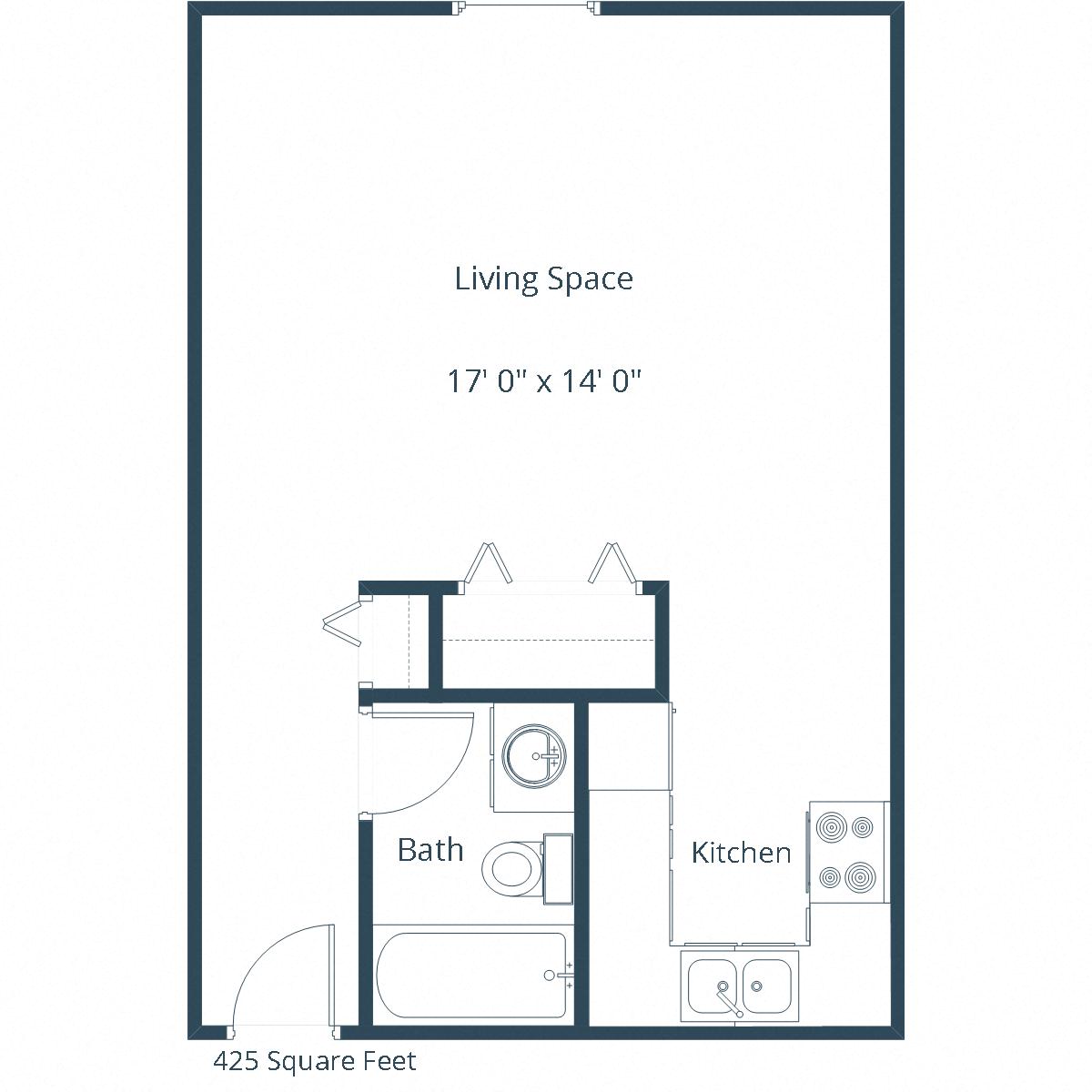 Floor plan for studio, 1 bath, 425 sqft