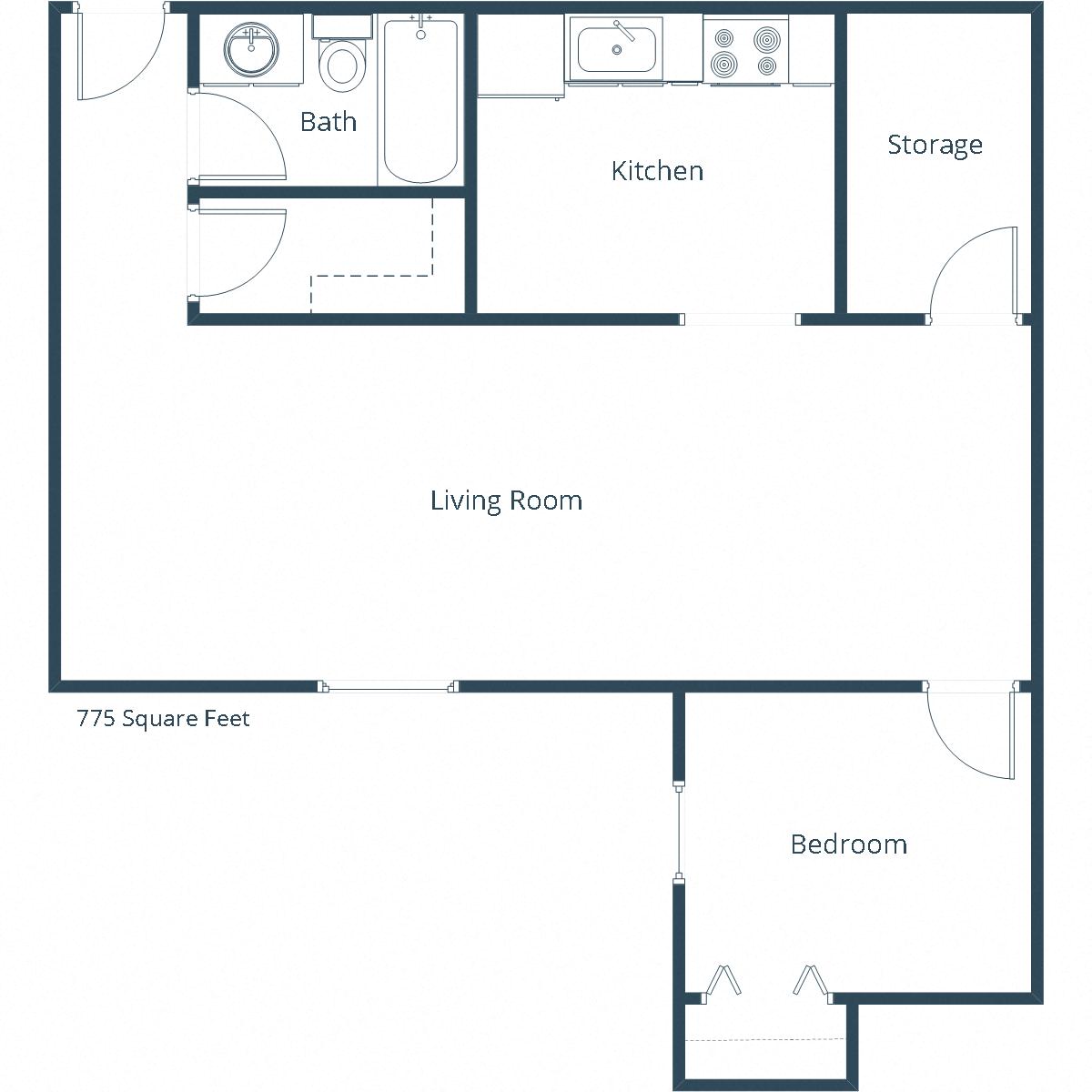 Floor plan for 1 bed, 1 bath, 775 sqft