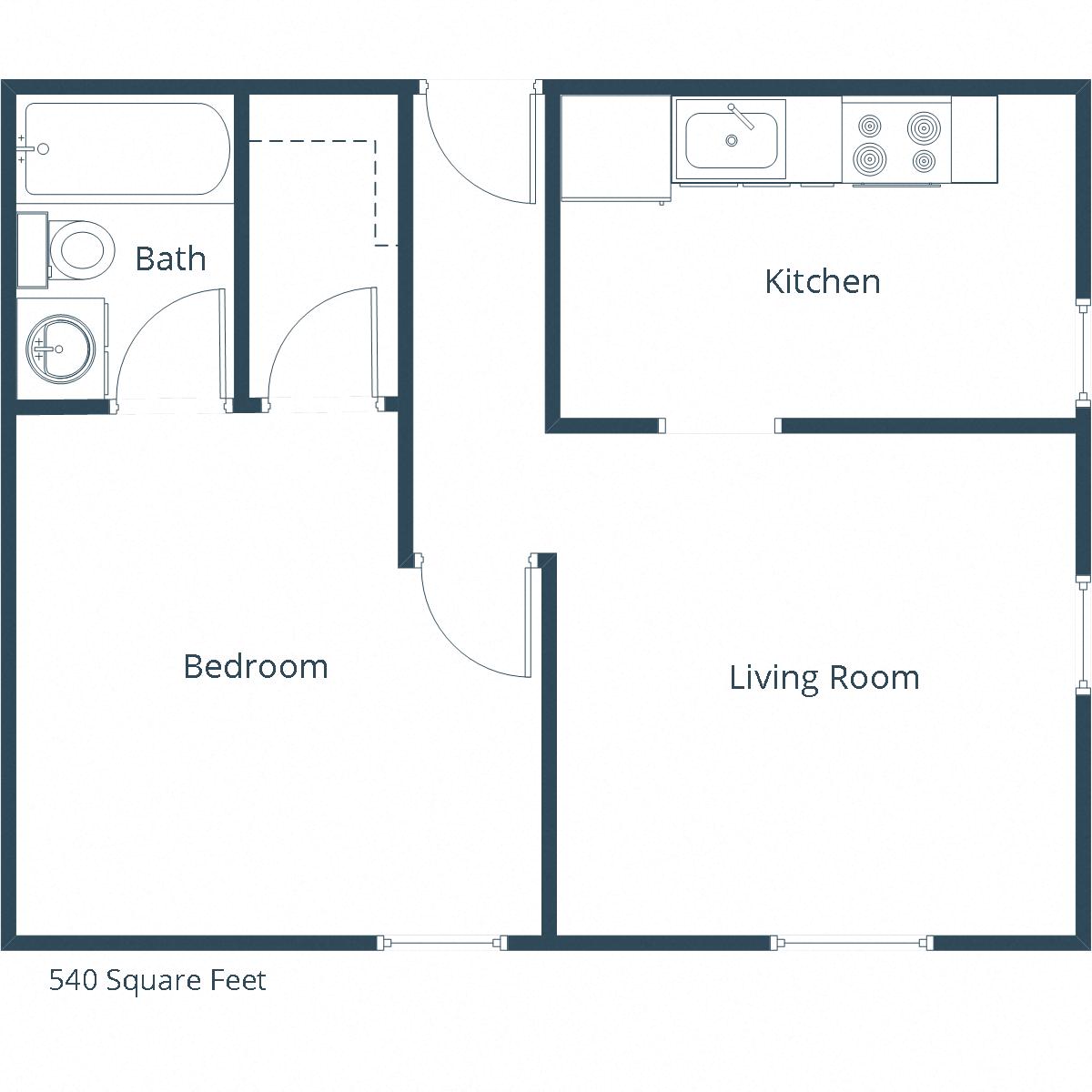 Floor plan for 1 bed, 1 bath, 540 sqft