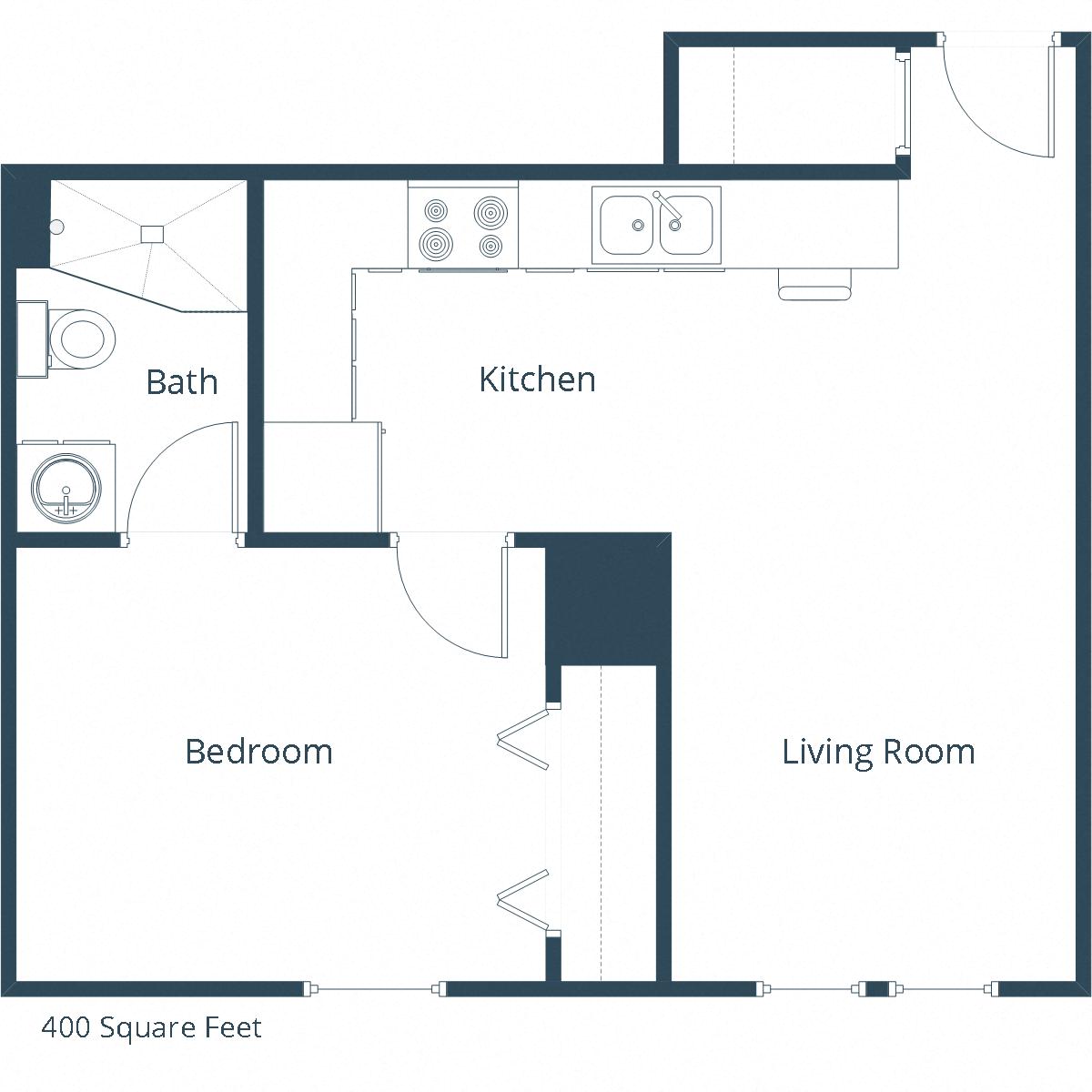 Floor plan for 1 bed, 1 bath, 400 sqft