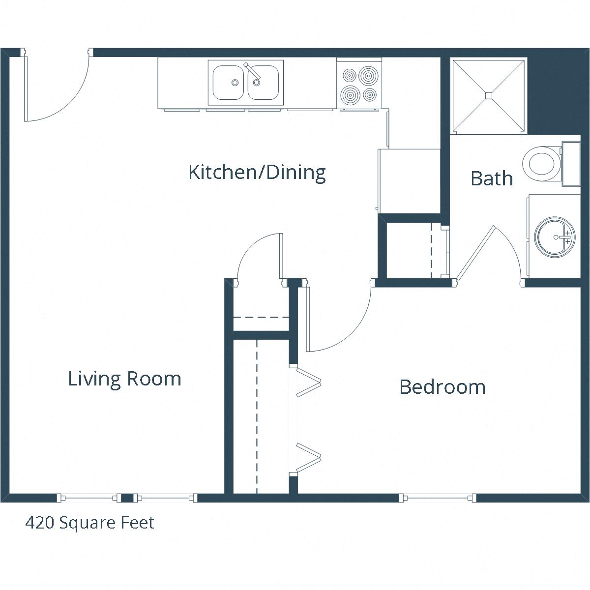 Floor plan for 1 bed, 1 bath, 420 sqft
