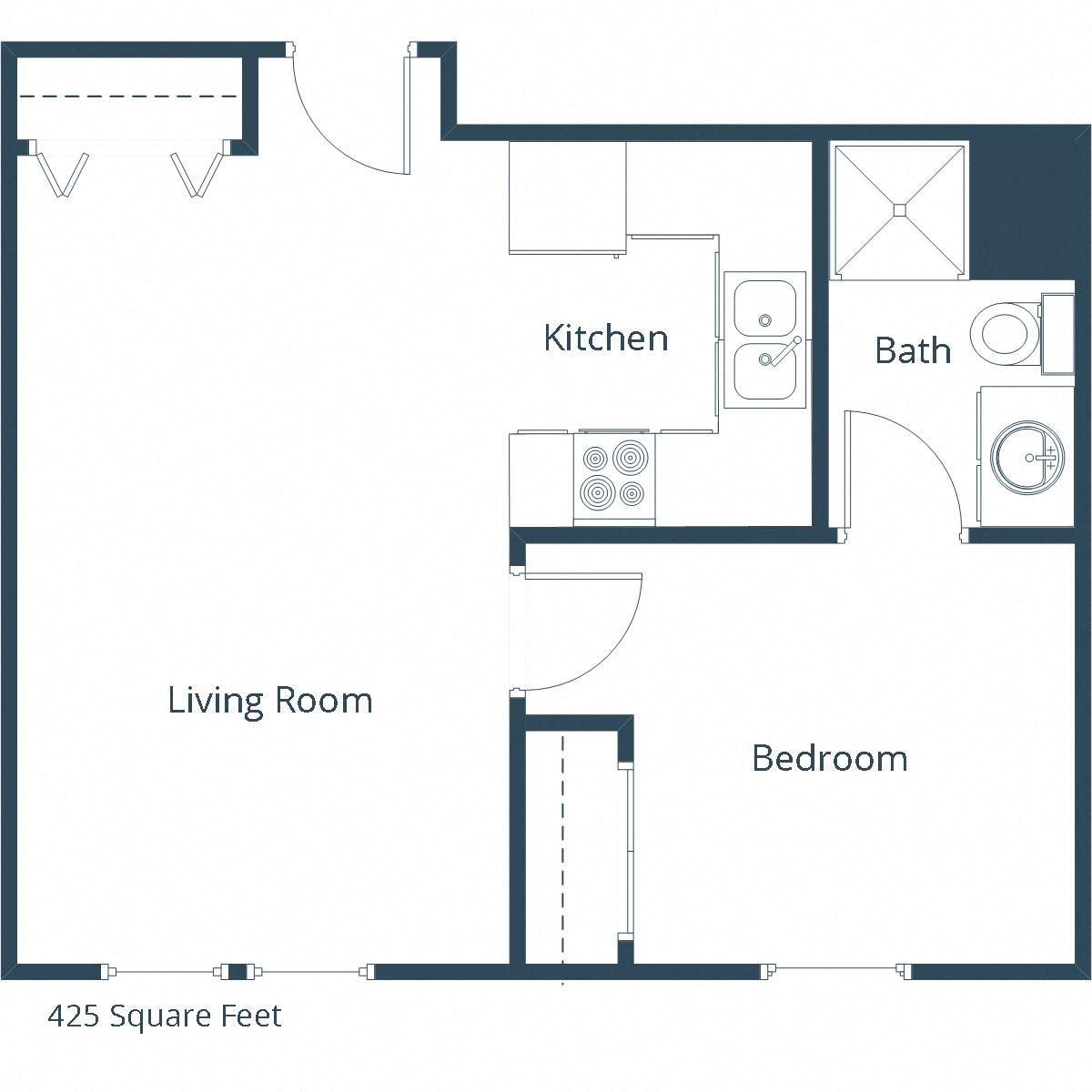 Floor plan for 1 bed, 1 bath, 425 sqft