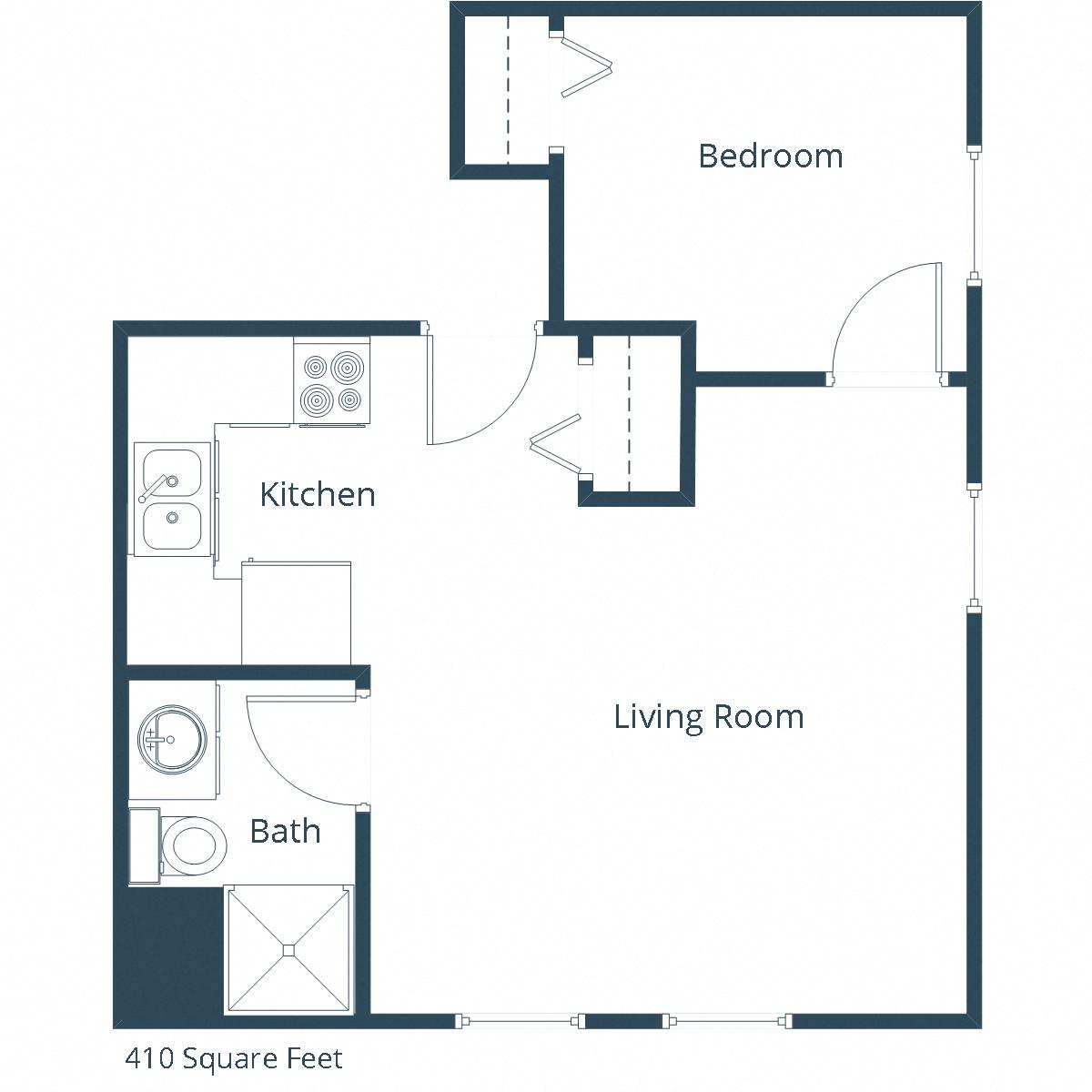 Floor plan for 1 bed, 1 bath, 335 sqft