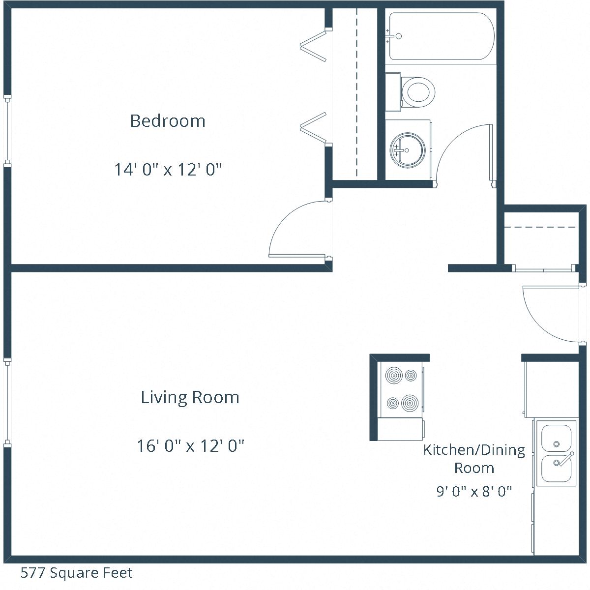 Floor plan for 1 bed, 1 bath, 577 sqft